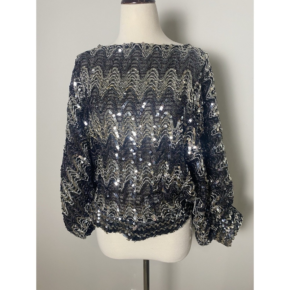 VTG 60's/70's Sequinned Metallic Blouse Blouse Women's Black Silver Disco‎ Party